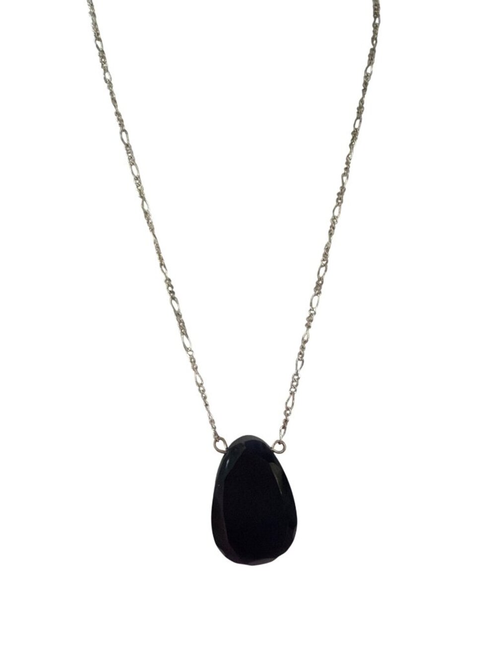 Vtg Black Glass Faceted Crystal Necklace Silver Tone Teardrop Pendant Adj 18"